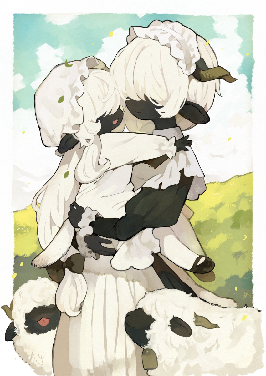 2girls absurdres animal_ears black_footwear black_skin bonnet carrying carrying_person colored_skin commentary_request day dress faceless faceless_female field grass highres horns looking_at_another mary_janes mother_and_daughter multiple_girls open_mouth original outdoors pantyhose sakutake_(ue3sayu) sheep sheep_ears sheep_girl sheep_horns sheep_tail shoes skirt smile sunlight tail white_dress white_hair white_headwear white_pantyhose white_skirt