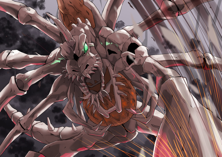 bone commentary_request crack digimon digimon_(creature) fangs green_eyes horns looking_at_viewer monster no_humans open_mouth ryo@ sharp_teeth single_horn skullgreymon solo spikes tail teeth