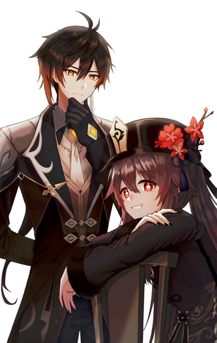 1boy 1girl absurdres arm_behind_back bangs black_gloves black_hair black_headwear black_nails brown_hair chair chinese_clothes collared_coat earrings eyeliner eyeshadow flower flower-shaped_pupils formal genshin_impact gloves gradient_hair hair_between_eyes hand_on_own_chin hat hat_flower highres hu_tao_(genshin_impact) jacket jewelry korean_commentary long_hair long_sleeves makeup multicolored_hair multiple_rings necktie plum_blossoms ponytail porkpie_hat red_eyes red_eyeshadow ring sidelocks single_earring smile star-shaped_pupils star_(symbol) suit symbol-shaped_pupils tassel tassel_earrings teeth teuen twintails upper_body white_necktie yellow_eyes zhongli_(genshin_impact)