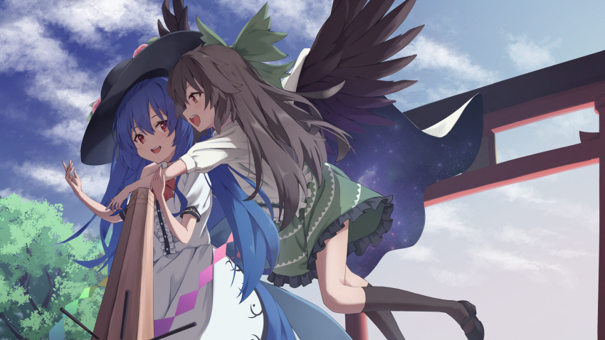 2girls :d ;d absurdres apron arm_cannon arms_around_neck bird_wings black_hair black_headwear black_socks black_wings blinking blue_hair blue_skirt blush bow cape closed_eyes clouds cloudy_sky control_rod day feathered_wings floating food frilled_skirt frills fruit green_bow green_skirt hair_between_eyes hair_bow hand_up hat highres hinanawi_tenshi hug hug_from_behind kneehighs long_hair looking_at_another multiple_girls one_eye_closed open_mouth peach peach_hat_ornament puffy_short_sleeves puffy_sleeves reiuji_utsuho shirt short_sleeves skirt sky sleeve_cuffs smile socks starry_sky_print taitan teeth torii touhou tree two-sided_cape two-sided_fabric upper_teeth waist_apron weapon white_apron white_cape white_shirt wings