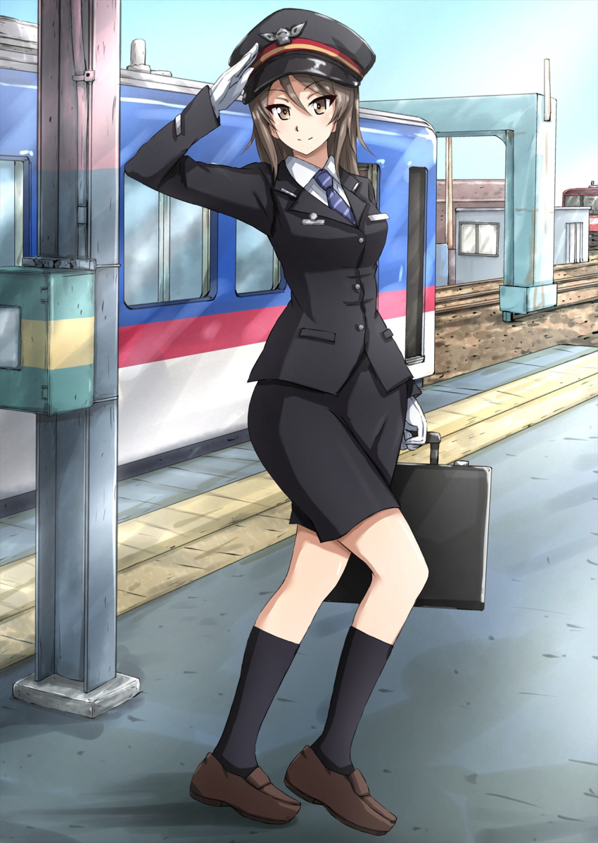 1girl alternate_headwear bangs black_headwear black_jacket black_skirt black_socks blazer blue_necktie blue_sky briefcase brown_eyes brown_footwear brown_hair closed_mouth commentary day dress_shirt formal girls_und_panzer gloves ground_vehicle hat highres holding holding_briefcase jacket loafers long_hair long_sleeves looking_at_viewer mika_(girls_und_panzer) miniskirt necktie omachi_(slabco) outdoors peaked_cap pencil_skirt salute shirt shoes skirt skirt_suit sky smile socks solo standing suit train train_conductor train_station_platform uniform walking white_gloves white_shirt wing_collar