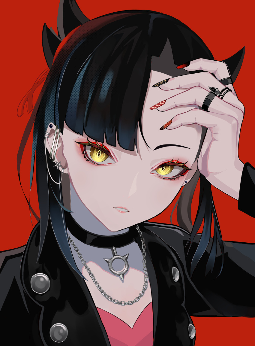 1girl absurdres arm_up asymmetrical_bangs bangs black_choker black_hair black_jacket chain choker ear_piercing earrings highres jacket jewelry long_hair long_sleeves looking_at_viewer marnie_(pokemon) nail_polish necklace piercing pokemon pokemon_(game) pokemon_swsh portrait red_background ring simple_background solo tor_(torkrub111) twintails yellow_eyes