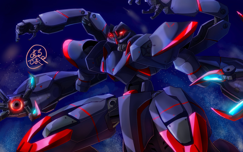 arpeggio_(src) blue_background fighting_stance ghost_mk-ii glowing glowing_eyes highres kyoukai_senki mecha mecha_request no_humans red_eyes robot solo standing