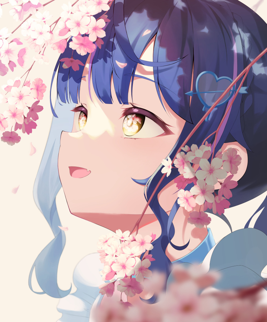 1girl absurdres akarionaka amamiya_kokoro arrow_hair_ornament bangs blue_hair blunt_bangs blurry blurry_foreground branch cherry_blossoms close-up commentary eye_reflection fang flower from_side hair_ornament heart heart_hair_ornament highres looking_at_flowers looking_up nijisanji open_mouth pink_flower ponytail portrait reflection sidelocks simple_background skin_fang solo virtual_youtuber white_background yellow_eyes