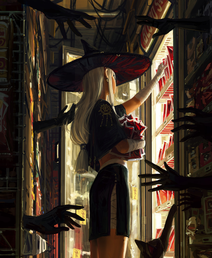 1girl arm_up bandaged_arm bandaged_hand bandaged_leg bandages black_headwear black_jacket black_skirt blood blood_bag commentary earrings guweiz hat highres jacket jewelry long_hair object_hug original short_sleeves skirt solo_focus standing symbol-only_commentary very_long_hair white_hair witch_hat