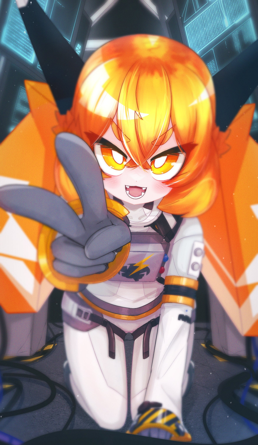 1girl :d absurdres arm_support bangs blurry blurry_background commentary_request depth_of_field fangs gloves grey_gloves hair_between_eyes highres ine_2 jacket leaning_forward long_sleeves looking_at_viewer mochibe_(ine_2) orange_eyes orange_hair original pants short_eyebrows smile solo thick_eyebrows v v-shaped_eyebrows white_jacket white_pants