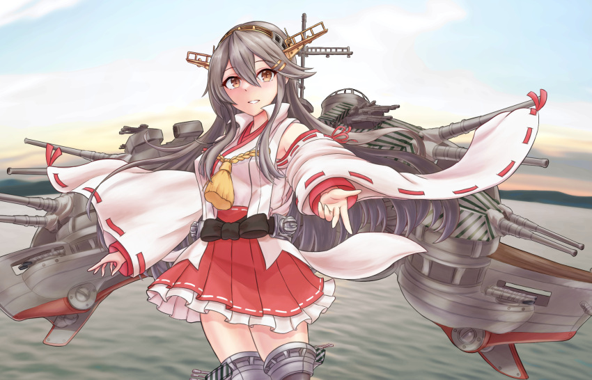 1girl boots breasts brown_eyes cannon detached_sleeves frilled_skirt frills grey_hair hair_between_eyes hair_ornament hairband hairclip haruna_(kancolle) haruna_kai_ni_(kancolle) headgear highres ichimai_(apieceof_ray151) japanese_clothes kantai_collection long_hair medium_breasts nontraditional_miko red_skirt ribbon-trimmed_sleeves ribbon_trim rigging skirt smokestack solo thigh_boots turret wide_sleeves