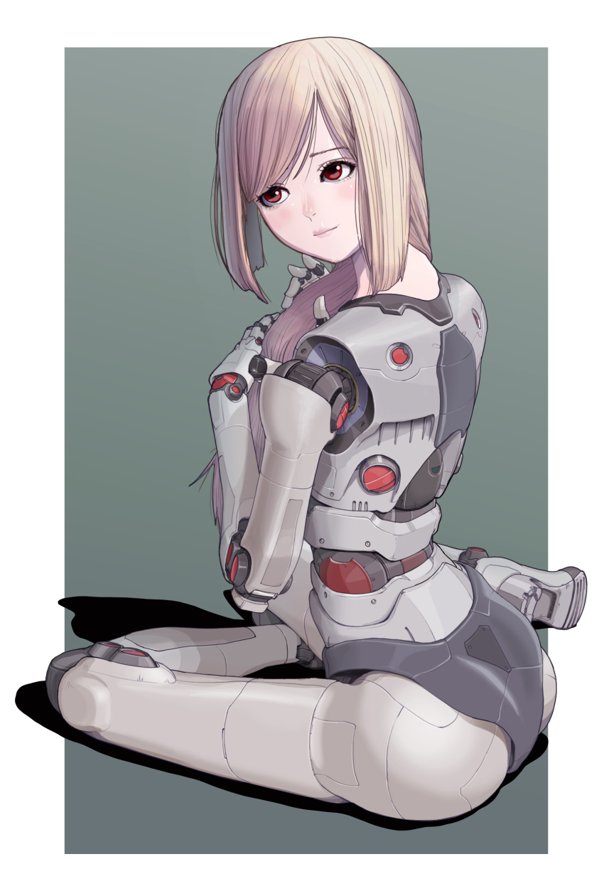 1girl absurdres android blonde_hair brown_eyes highres joints long_hair original playing_with_own_hair robot_joints simple_background sitting solo sukabu