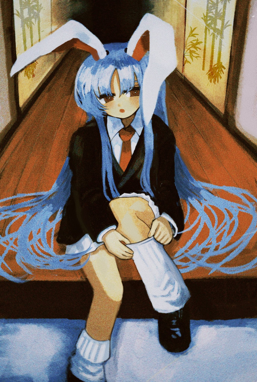 1girl :o adjusting_clothes adjusting_legwear animal_ears bamboo_print bangs black_footwear blazer blue_hair brown_eyes collared_shirt commentary_request hell0120 highres jacket long_hair long_sleeves looking_at_viewer loose_socks necktie open_mouth rabbit_ears rabbit_girl red_necktie reisen_udongein_inaba shirt shoes sitting skirt socks solo touhou very_long_hair white_shirt white_skirt white_socks