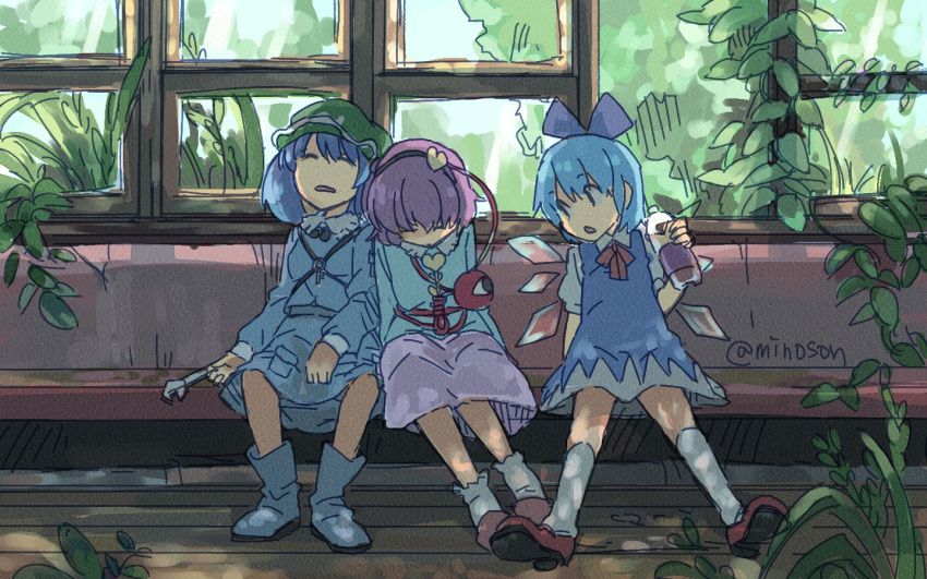3girls :&lt; ^_^ ^o^ ankle_socks backlighting bangs blouse blue_bow blue_dress blue_footwear blue_hair blue_shirt blue_skirt bobby_socks booth_seating boots bottle bow cirno closed_eyes closed_mouth collared_shirt dappled_sunlight day dress drink eyeball eyes_visible_through_hair facing_viewer floor frilled_shirt_collar frilled_socks frills full_body green_headwear hair_bow hair_ornament hairband hand_on_lap hand_rest hand_up hat hatching_(texture) head_down head_on_another's_shoulder heart heart_hair_ornament holding holding_bottle holding_drink indoors kawashiro_nitori kneehighs komeiji_satori leaning_on_person linear_hatching long_sleeves looking_at_another looking_to_the_side minozzino multiple_girls neck_ribbon no_nose outstretched_legs parted_lips pinafore_dress plant plastic_bottle pocket puffy_short_sleeves puffy_sleeves purple_hair purple_skirt red_footwear red_ribbon ribbon rubber_boots scenery shade shirt shoe_soles shoes short_hair short_sleeves side-by-side sitting skirt skirt_set sleeping sleeping_on_person sleeping_upright socks sunlight swept_bangs third_eye touhou transparent_wings tree twitter_username white_socks window wing_collar wings wooden_floor wrench