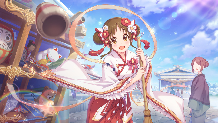 blue_sky brown_eyes brown_hair hair_ornament happy japanese_clothes miko official_art open_mouth princess_connect! robe shrine sky suzuna_(princess_connect!)