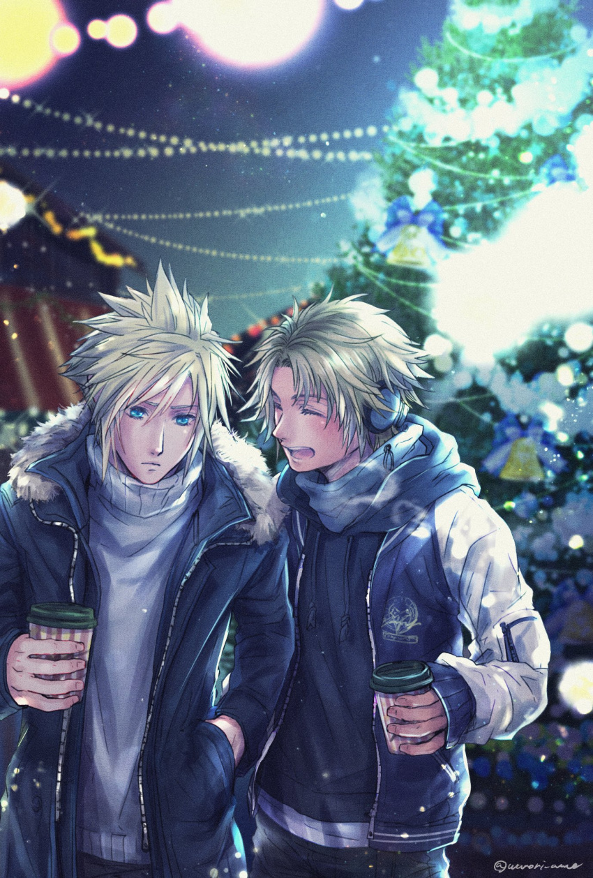 2boys alternate_costume bangs blonde_hair blue_eyes blurry blurry_background christmas christmas_ornaments christmas_tree closed_eyes cloud_strife cup disposable_cup final_fantasy final_fantasy_vii final_fantasy_x fur-trimmed_jacket fur_trim hair_between_eyes hand_in_pocket headphones highres holding holding_cup hood hood_down hoodie jacket letterman_jacket male_focus multiple_boys night open_mouth parted_bangs scarf short_hair smile spiky_hair tidus twitter_username upper_body warori_anne winter_clothes