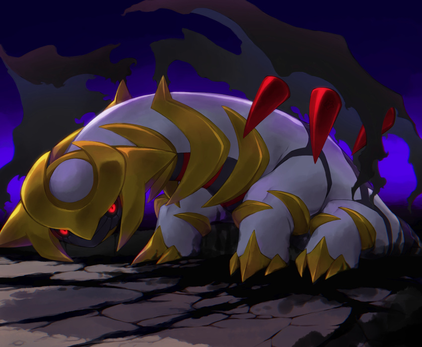 black_sclera claws climbing colored_sclera commentary_request cracked_floor giratina giratina_(altered) highres looking_at_viewer no_humans orusuta961 pokemon pokemon_(creature) red_eyes solo spikes