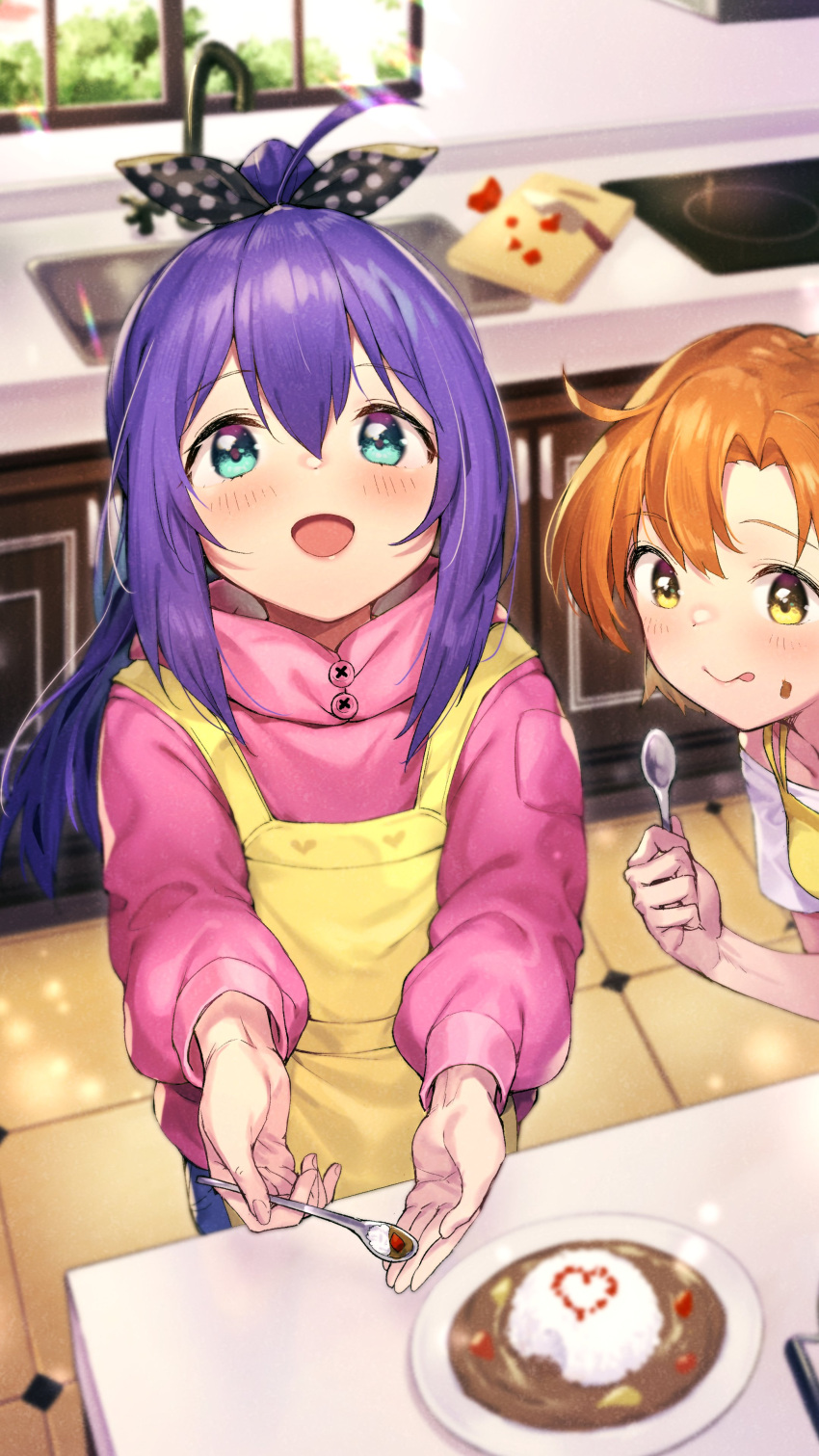 2girls absurdres ahoge apron aqua_eyes bangs blush commentary_request curry curry_rice cutting_board day dot_nose food food_on_face hair_between_eyes hair_ribbon hand_up hands_up highres holding holding_spoon idolmaster idolmaster_million_live! indoors kitchen kitchen_knife long_hair looking_at_another looking_at_viewer mochizuki_anna multiple_girls open_mouth orange_hair pink_sweater polka_dot ponytail purple_hair ribbon rice shennai_misha shirt short_hair sidelocks smile spoon sweater table tongue tongue_out white_shirt window yabuki_kana yellow_apron yellow_eyes yellow_shirt