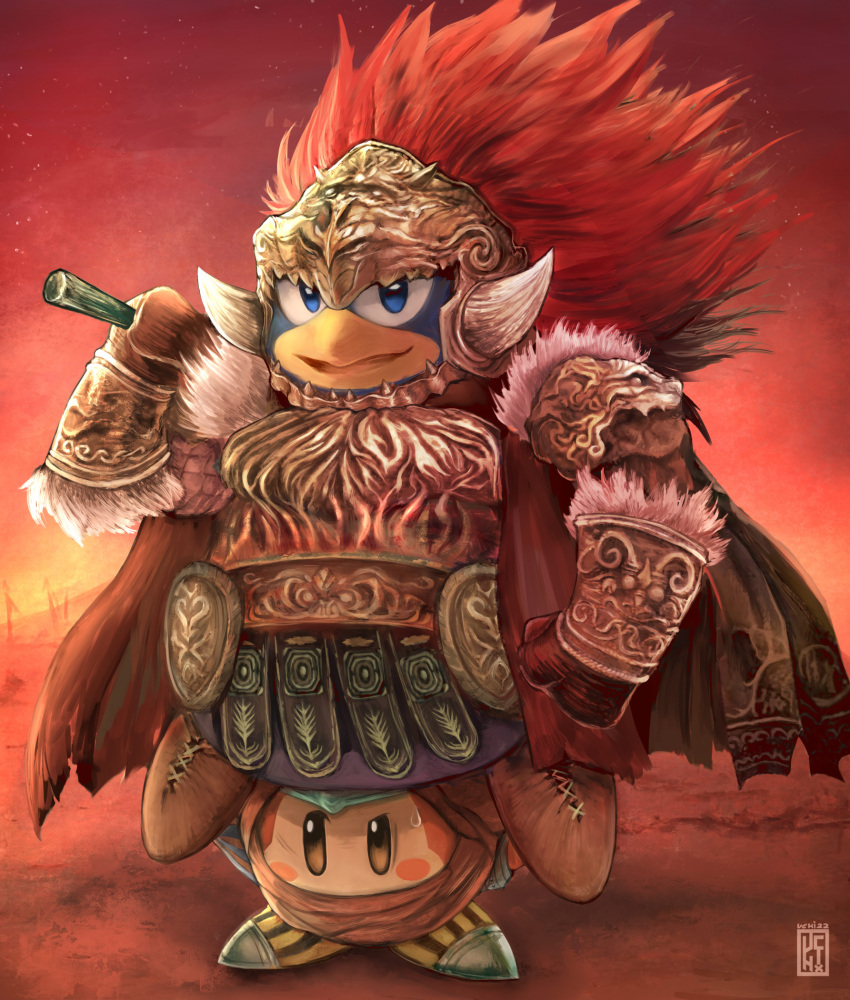 1boy alternate_costume arm_at_side armor artist_name bandana bandana_waddle_dee belt big_hair blue_eyes blue_fur blush_stickers body_fur breastplate brown_footwear brown_gloves cape carrying commentary cosplay cross-laced_footwear day elden_ring english_commentary fur-trimmed_armor fur_trim furry furry_male gloves gradient_sky hand_up happy helmet highres holding holding_weapon king_dedede kirby_(series) looking_at_viewer male_focus mixed-language_commentary open_mouth orange_eyes outdoors over_shoulder red_background red_cape red_headwear red_sky red_theme redhead shoes shoulder_armor signature sky smile spikes standing_on_person starscourge_radahn starscourge_radahn_(cosplay) striped striped_footwear sweat torn_cape torn_clothes uchivstheworld vambraces watermark weapon weapon_over_shoulder witch-hunter_jerren witch-hunter_jerren_(cosplay) yellow_footwear