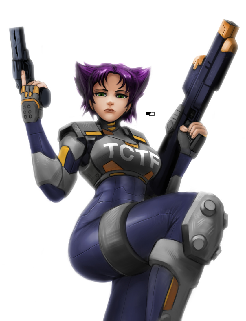 1girl absurdres armor armored_bodysuit battle_rifle blue_bodysuit bodysuit breastplate breasts chira_(chiaroscuro) dual_wielding from_below green_eyes gun hair_horns handgun highres holding holding_gun holding_weapon knee_pads konoko lips looking_at_viewer medium_breasts nose oni_(game) purple_hair revolver rifle science_fiction shin_guards short_hair shoulder_pads solo thigh_strap trigger_discipline weapon white_background