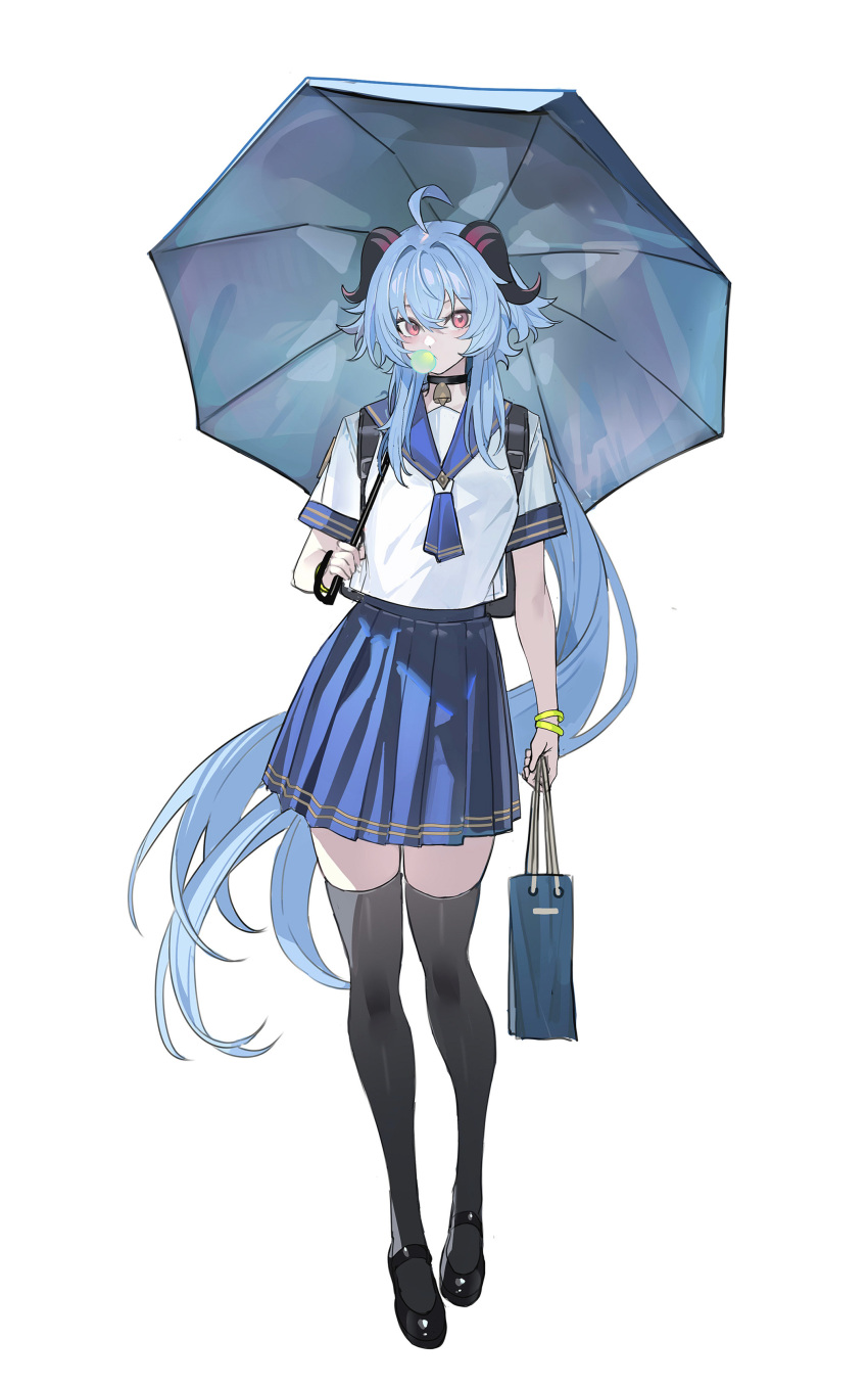 1girl absurdres ahoge alternate_costume bag bell black_thighhighs blue_hair bubble_blowing chewing_gum collared_shirt curled_horns echj full_body ganyu_(genshin_impact) genshin_impact goat_horns highres holding holding_bag holding_umbrella horns loafers long_hair low_ponytail neck_bell pleated_skirt school_uniform serafuku shirt shoes sidelocks skirt standing thigh-highs umbrella violet_eyes white_background white_shirt