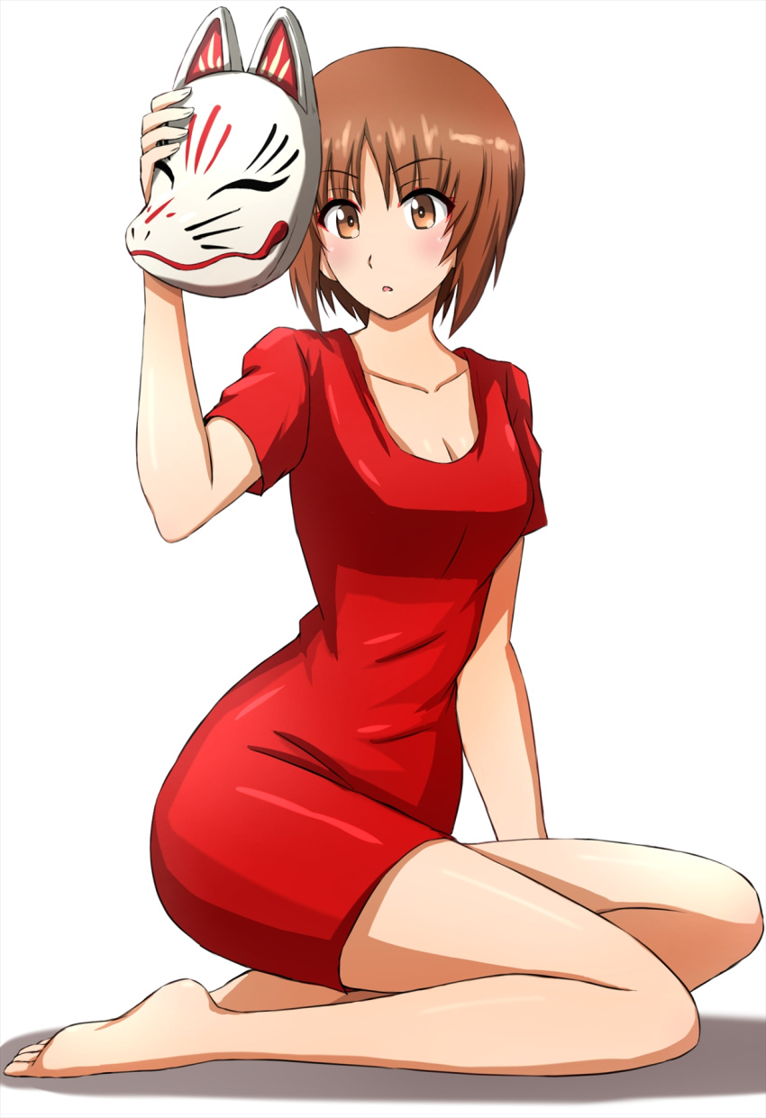 1girl bangs barefoot brown_eyes brown_hair commentary dress fox_mask girls_und_panzer highres holding holding_mask light_blush looking_at_viewer mask nishizumi_miho omachi_(slabco) parted_lips red_dress shadow short_dress short_hair short_sleeves simple_background sitting solo white_background yokozuwari