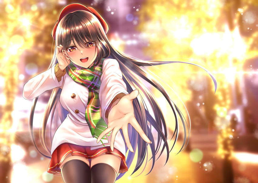 1girl bangs black_hair black_thighhighs blurry blurry_background bokeh brown_eyes cabbie_hat christmas city_lights coat commentary depth_of_field english_commentary english_text fringe_trim green_scarf hair_over_eyes half-closed_eyes hand_in_own_hair hat highres leaning_forward long_hair long_sleeves looking_at_viewer merry_christmas miniskirt night open_mouth original outdoors plaid plaid_scarf pleated_skirt rairaisuruyo reaching_towards_viewer red_headwear red_skirt scarf skirt smile solo standing thigh-highs white_coat