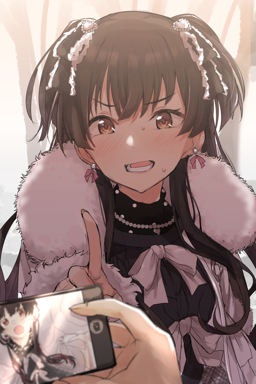 1girl 1other absurdres bangs black_hair black_shirt blush bow bowtie brown_eyes cellphone commentary_request earrings fur_trim hand_up hanetsuka highres holding holding_phone idolmaster idolmaster_shiny_colors jewelry long_hair looking_at_viewer lower_teeth mayuzumi_fuyuko necklace open_mouth pearl_necklace phone shirt smartphone solo_focus standing sweat teeth tongue two_side_up upper_body white_bow white_bowtie