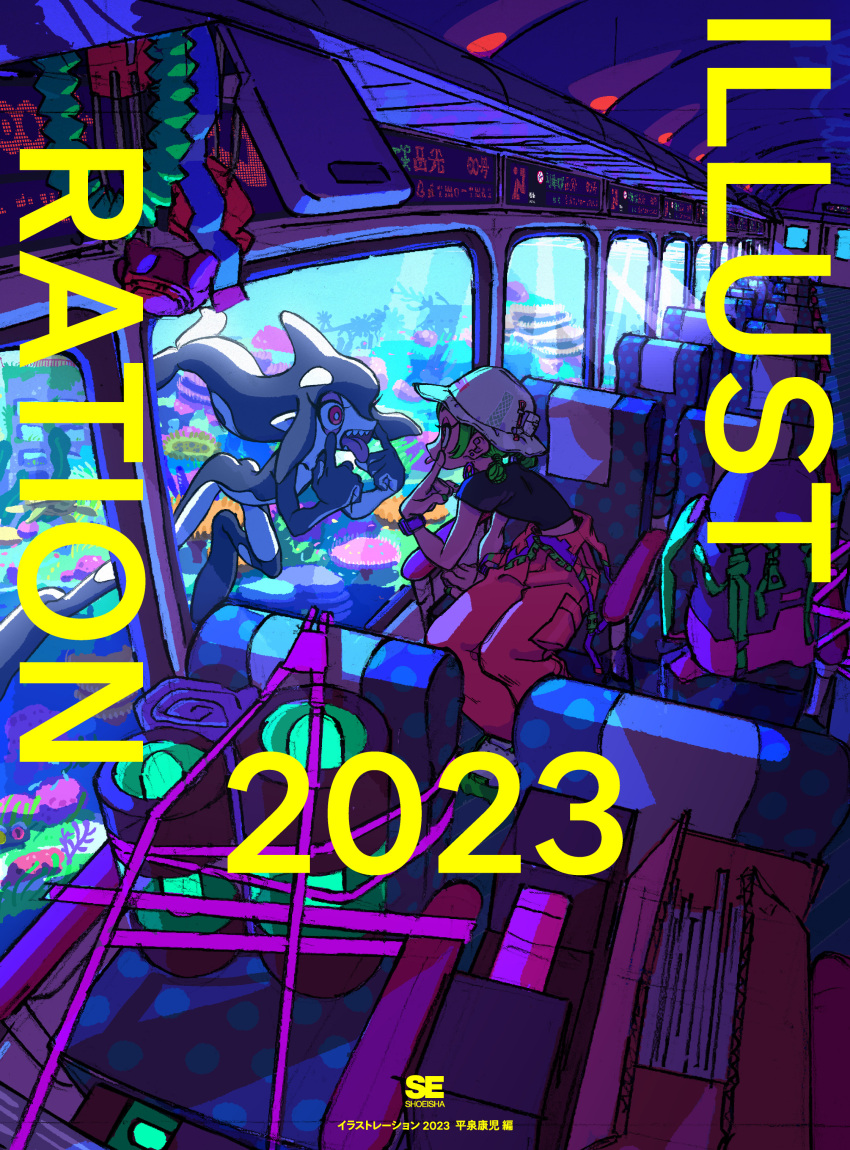 2girls :p absurdres akanbe bus_interior hanabushi hat highres monster_girl multiple_girls original overalls red_eyes shirt submarine swimming tongue tongue_out underwater watercraft