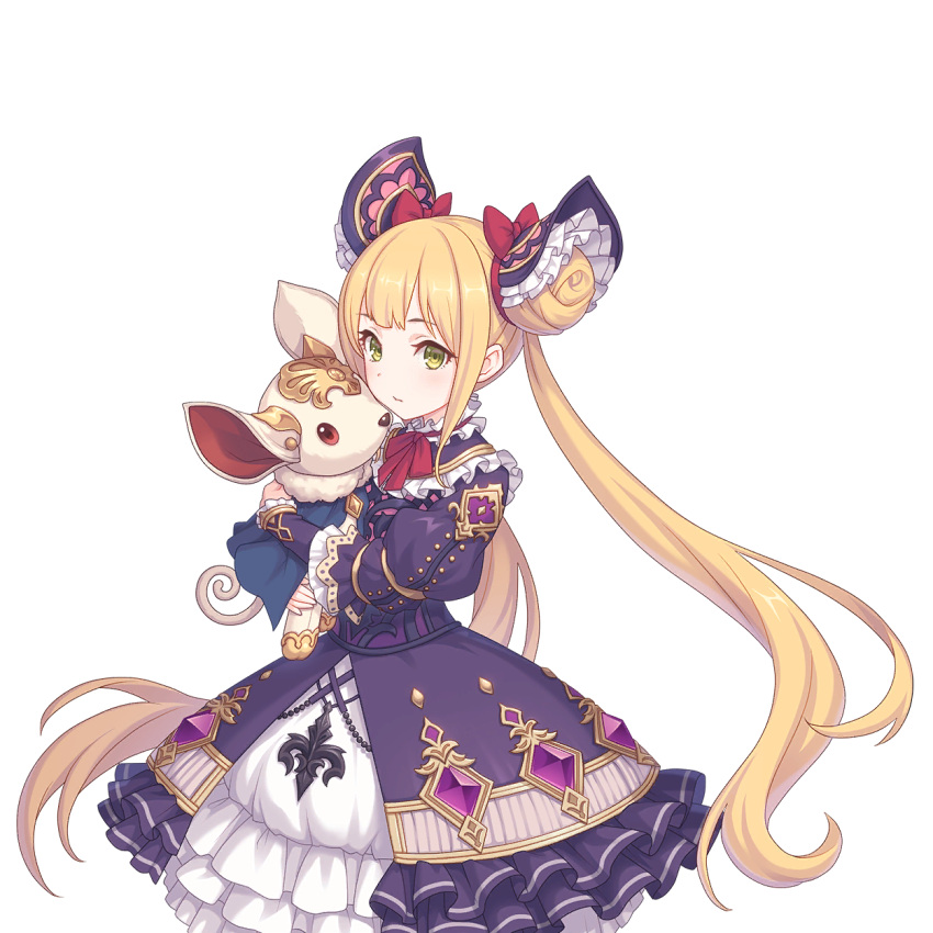 animal blonde_hair dress european_clothes green_eyes highres holding holding_animal long_hair looking_at_viewer luna_(shadowverse) official_art pet princess_connect! shadowverse tachi-e transparent_background twintails