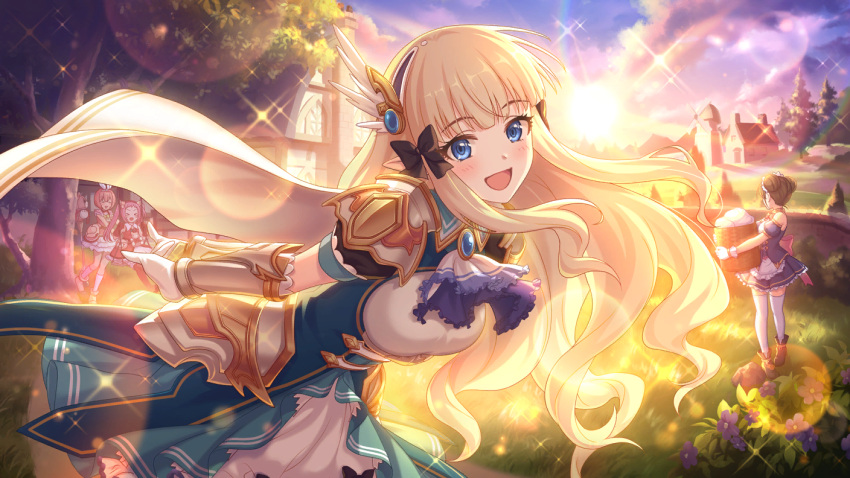 bending blonde_hair blue_eyes dress dusk grass long_hair looking_at_viewer official_art open_mouth princess_connect! saren_(princess_connect!) sun tree