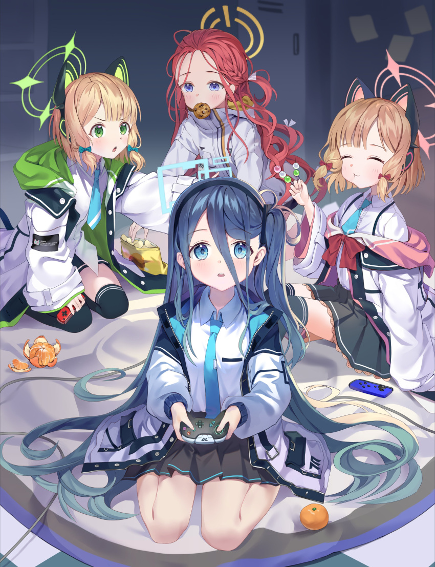 4girls absurdres animal_ear_headphones animal_ears aqua_bow aris_(blue_archive) bangs black_skirt black_socks blonde_hair blue_archive blue_eyes blue_hair blue_necktie blush bow cat_ear_headphones chips_(food) closed_eyes collared_shirt controller cookie dango dark_blue_hair eating fake_animal_ears food food_in_mouth fruit full_body game_controller green_eyes hair_bow hair_spread_out headphones highres holding holding_controller holding_game_controller hood hooded_jacket indoors jacket long_hair long_sleeves looking_at_viewer mandarin_orange medium_hair midori_(blue_archive) momoi_(blue_archive) multiple_girls necktie open_clothes open_jacket over-kneehighs parted_bangs parted_lips pleated_skirt posom potato_chips red_bow redhead shirt siblings sisters sitting skirt socks thigh-highs twins very_long_hair violet_eyes wagashi wariza white_jacket white_shirt wide_sleeves yuzu_(blue_archive)
