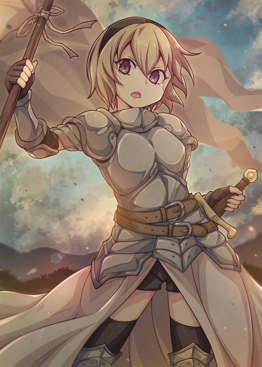 1girl armor bangs black_gloves black_hairband black_shorts black_thighhighs blonde_hair blue_sky breastplate breasts brown_eyes clouds cloudy_sky day e20 fingerless_gloves gloves hair_between_eyes hairband hand_up highres holding holding_sword holding_weapon jashin-chan_dropkick outdoors pekora_(jashin-chan_dropkick) short_shorts shorts sky small_breasts solo standing sword thigh-highs weapon