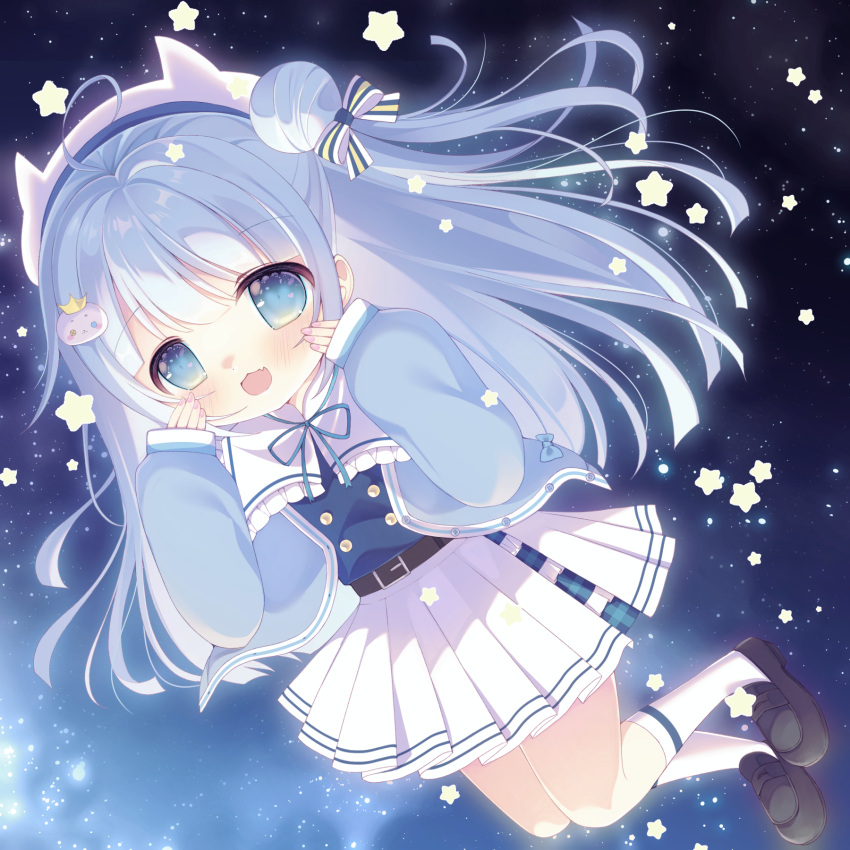 1girl :3 animal_ears bangs belt beret black_footwear blue_eyes blue_theme blunt_bangs blush bow cat_ears character_hair_ornament character_request crown full_body hair_between_eyes hair_bow hair_ornament hat highres hiiragi_pino indie_virtual_youtuber jacket long_hair long_sleeves looking_at_viewer miniskirt multicolored_hair open_clothes open_jacket open_mouth pleated_skirt school_uniform serafuku shirt shoes simple_background skirt smile solo standing star_(symbol) striped striped_bow two-tone_hair two_side_up unbuttoned virtual_youtuber white_hair white_headwear white_skirt