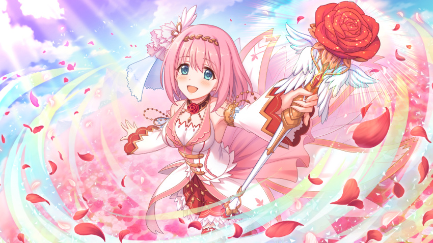 flower green_eyes hair_ornament holding holding_wand medium_hair official_art petals pink_hair princess_connect! red_flower red_rose rose rose_petals sky wand yui_(princess_connect!)