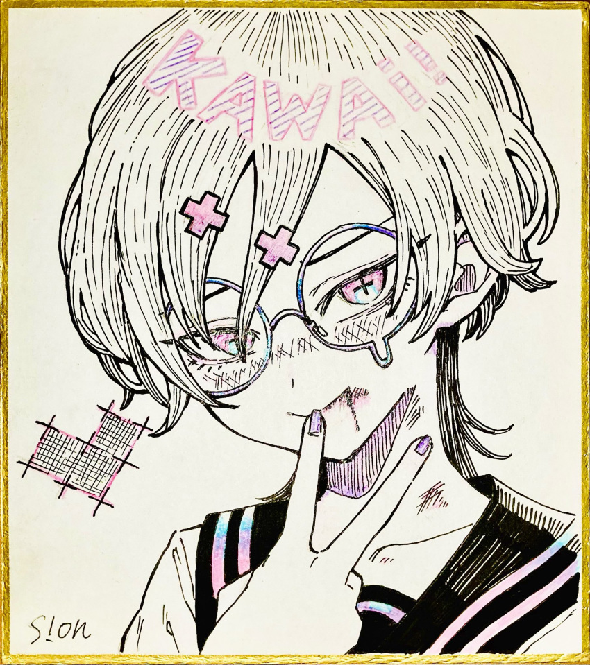 1girl closed_mouth fingernails heart highres looking_at_viewer nail_polish original purple_nails romaji_text round_eyewear sailor_collar scan school_uniform serafuku short_hair sion001250 smile solo traditional_media v