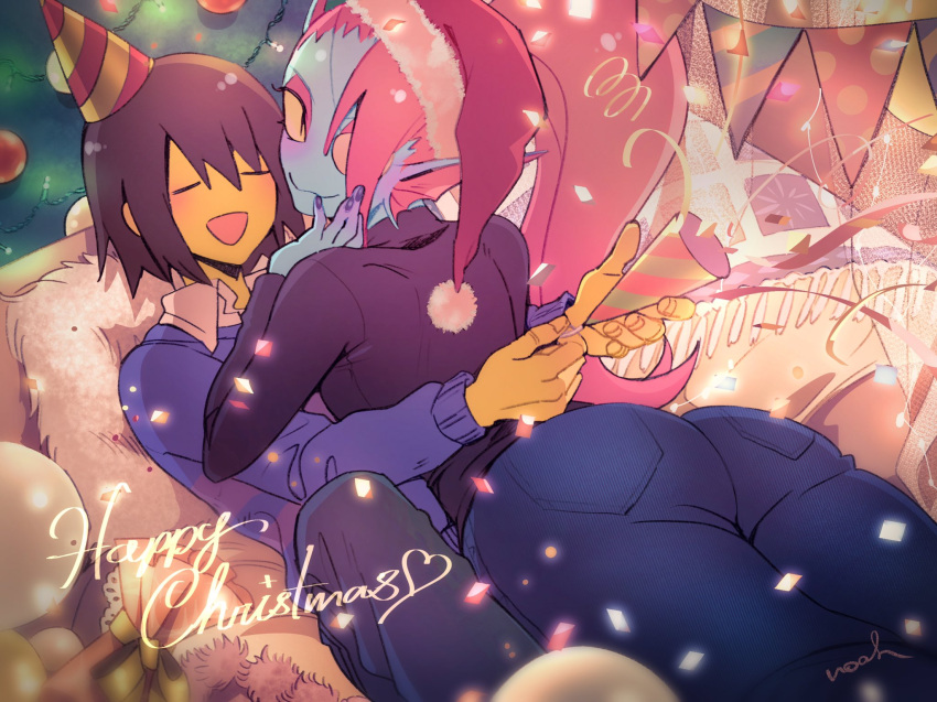 1boy 1girl =_= aged_up androgynous balloon blue_skin colored_sclera colored_skin commentary_request confetti couch denim english_text eyepatch frisk_(undertale) hat head_fins highres indoors jeans long_sleeves looking_at_viewer lying lying_on_person merry_christmas monster_girl noah_(tettsui-sole) on_couch pants party_hat party_popper pillow redhead ribbon santa_hat short_hair signature smile streamers string_of_flags sweater undertale undyne yellow_sclera yellow_skin