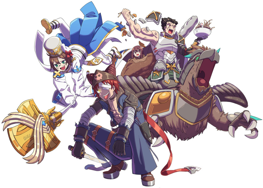 1girl 3boys abs abyss_chaser_(ragnarok_online) anger_vein bangs black_gloves black_hair blue_coat blue_pants blue_shirt boots bow brown_bandana brown_eyes brown_hair cardinal_(ragnarok_online) coat cropped_jacket cross eyepatch fang fish_cake food full_body gloves green_eyes griffin gryphon_(ragnarok_online) hat hat_bow highres holding holding_knife imperial_guard_(ragnarok_online) jacket jumping knife long_sleeves looking_at_viewer male_focus medical_eyepatch mitre multiple_boys noodles open_mouth pants ragnarok_online red_bow red_eyes redhead sailor_hat second-party_source sharp_teeth shiheki shirt short_hair simple_background smile soumen squatting teeth tongue tongue_out torn_clothes torn_shirt white_background white_footwear white_gloves white_headwear white_jacket white_pants yellow_eyes