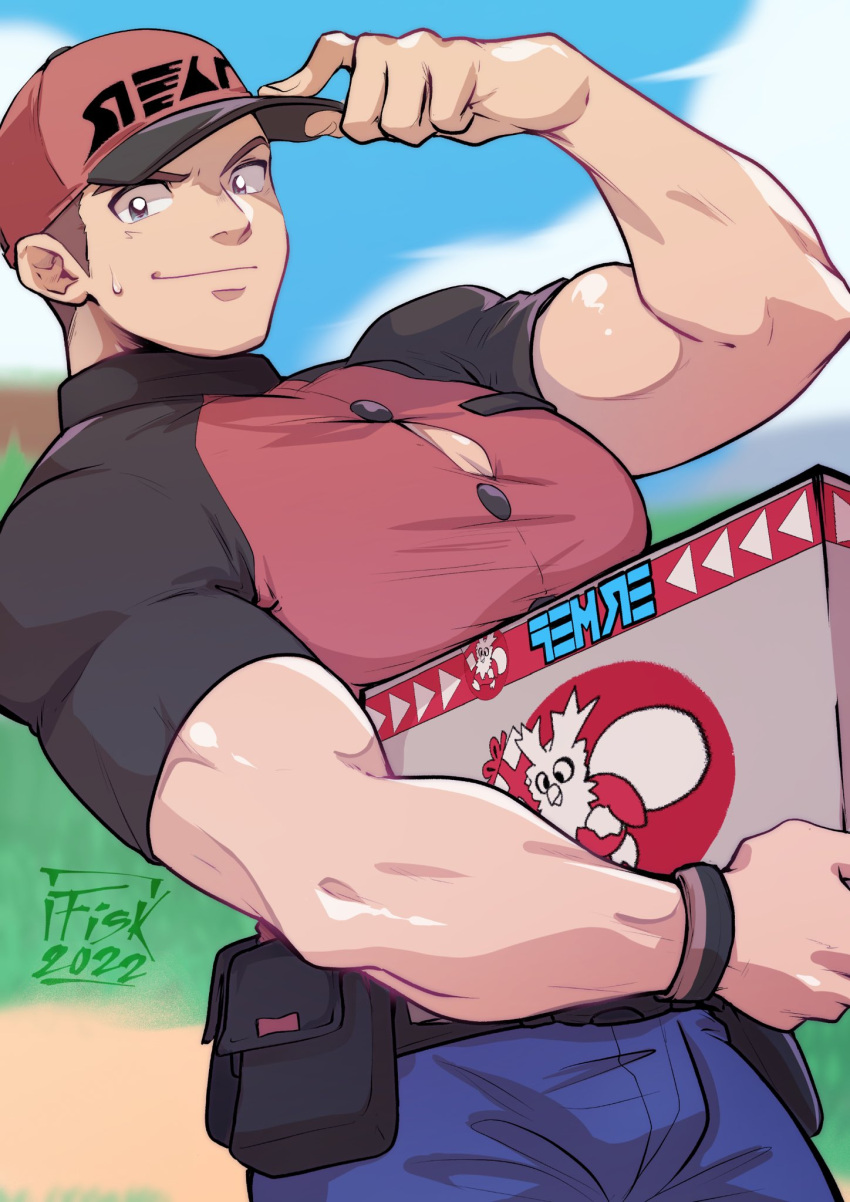 1boy arm_up biceps black_bag blue_pants blurry blurry_background box brown_hair buttons character_print closed_mouth clouds commentary courier_(pokemon) day delibird grey_eyes hat highres holding holding_box impetuss male_focus muscular muscular_male outdoors pants pectorals pokemon pokemon_(game) pokemon_sv red_headwear shirt short_hair short_sleeves sky smile solo sweatdrop wristband