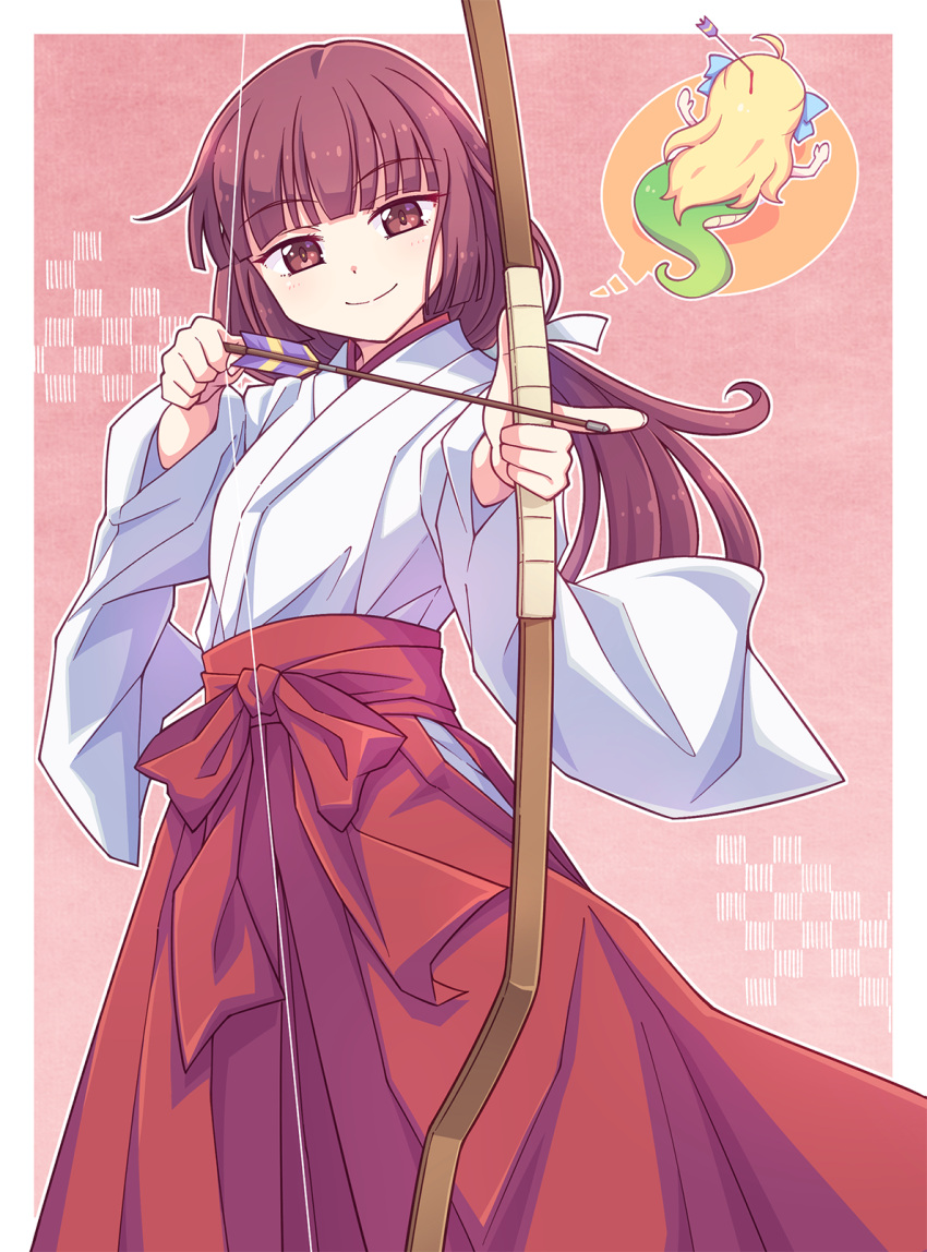 2girls ahoge arrow_(projectile) arrow_in_head bangs blonde_hair blood blue_bow blunt_bangs blush bow bow_(weapon) brown_eyes brown_hair chibi closed_mouth drawing_bow e20 hair_bow hakama hakama_skirt hanazono_yurine highres holding holding_bow_(weapon) holding_weapon japanese_clothes jashin-chan jashin-chan_dropkick kimono lamia long_hair long_sleeves low_ponytail miko monster_girl multiple_girls ponytail red_bow red_hakama skirt smile very_long_hair weapon white_kimono wide_sleeves