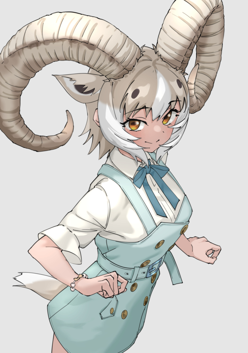 1girl absurdres animal_ears belt blue_dress bracelet brown_eyes commentary curled_horns dall_sheep_(kemono_friends) dress extra grey_background highres horizontal_pupils horns jewelry kemono_friends light_brown_hair looking_at_viewer pinafore_dress sheep_ears sheep_girl sheep_horns sheep_tail shirt short_hair simple_background smile solo tail tanabe_(fueisei) white_shirt wing_collar