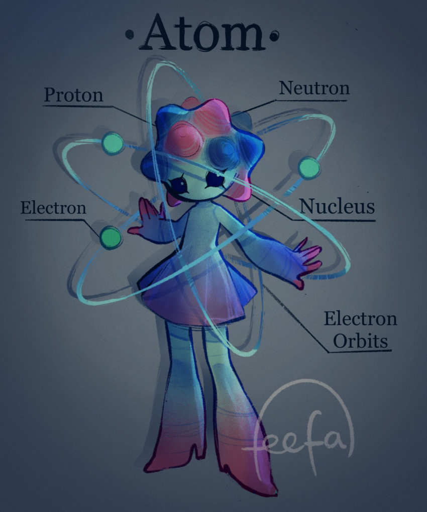 1girl atom colored_skin commentary english_commentary english_text feefal full_body gradient gradient_background highres looking_at_viewer multicolored_hair multicolored_skin orbital_path original personification signature simple_background skirt solo spiky_hair