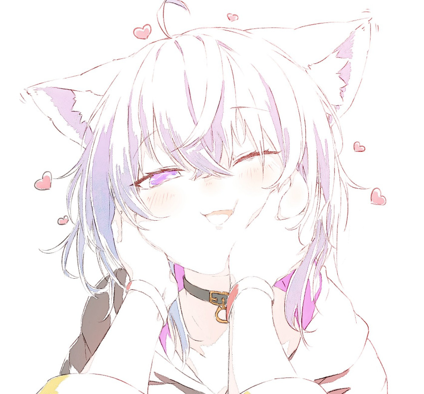 2girls ;d ahoge animal_ear_fluff animal_ears bangs blush cat_ears female_pov hair_between_eyes hands_on_another's_cheeks hands_on_another's_face hashiguma heart highres hololive inugami_korone looking_at_viewer multiple_girls nekomata_okayu one_eye_closed pov pov_hands purple_hair simple_background smile violet_eyes virtual_youtuber white_background