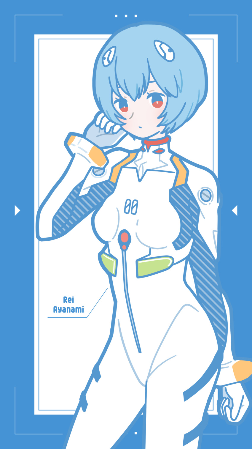 1girl absurdres ayanami_rei bangs blue_hair blue_theme blush bodysuit cowboy_shot expressionless hairpods hand_up highres limited_palette looking_at_viewer neon_genesis_evangelion pilot_suit plugsuit red_eyes short_hair solo white_bodysuit yoshimon
