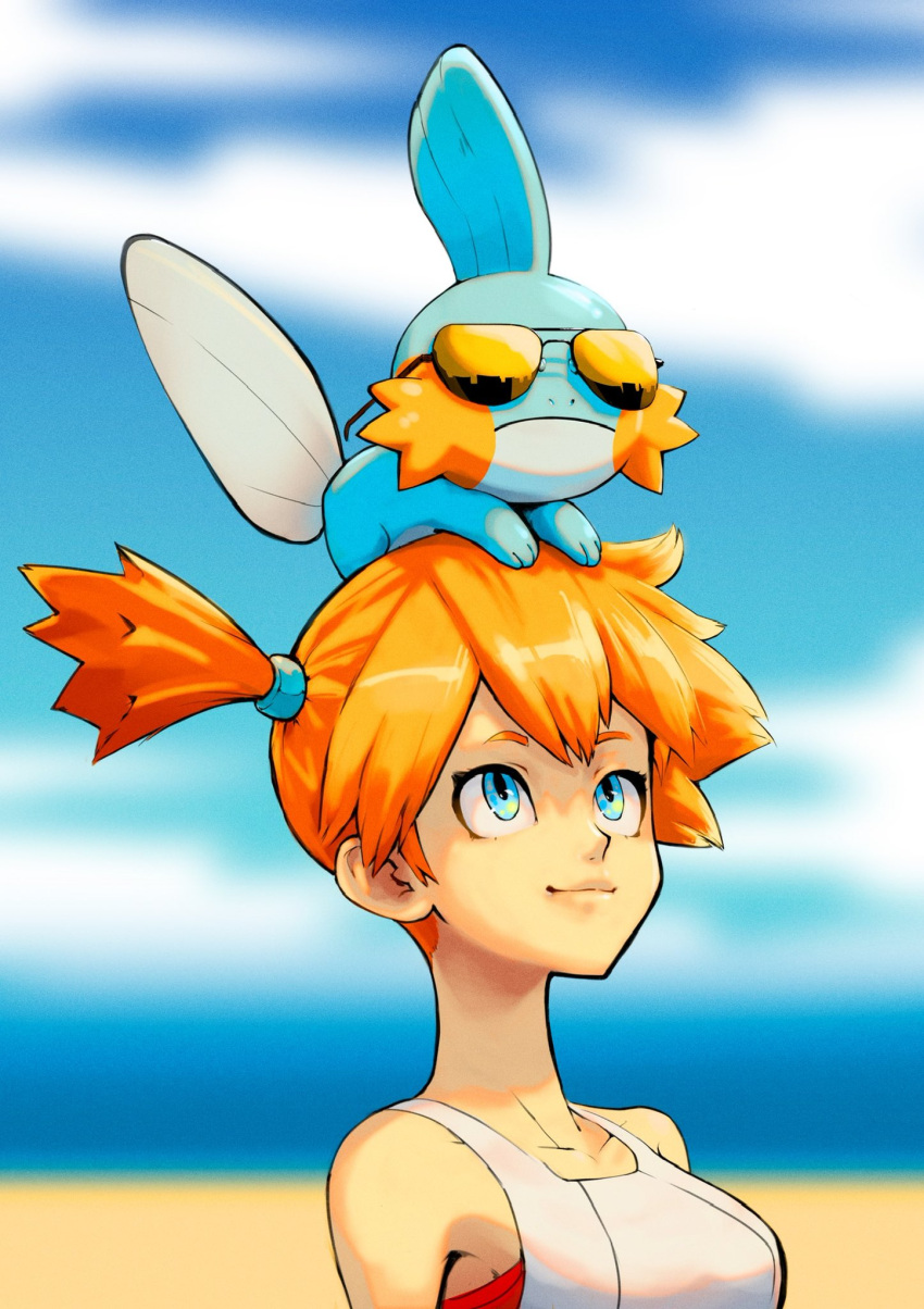 1girl bangs bare_shoulders blurry blurry_background breasts closed_mouth collarbone commentary frown highres jak_(jaksinart) looking_up medium_breasts misty_(pokemon) mudkip on_head orange_hair pokemon pokemon_(creature) pokemon_(game) pokemon_lgpe pokemon_on_head shiny shiny_hair shirt short_hair side_ponytail smile sunglasses white_shirt