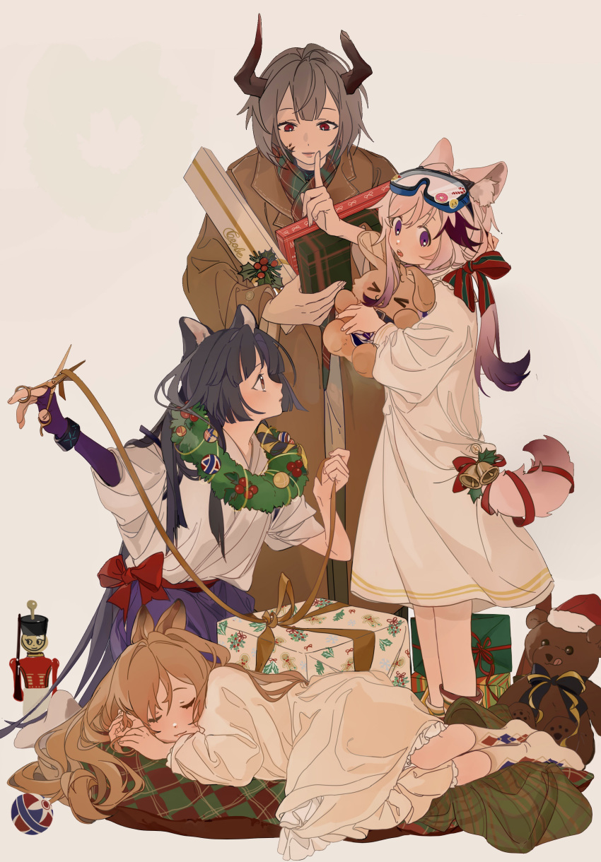 4girls :3 :o absurdres alternate_costume animal_ear_fluff animal_ears arknights bell black_hair blush bow box brown_eyes brown_hair cardigan_(arknights) ceobe_(arknights) character_name chinese_commentary christmas closed_eyes closed_mouth commentary cow_girl dog_ears dog_girl dog_tail dress finger_to_mouth frilled_dress frills full_body gift gift_box grey_hair hair_bow highres holding holding_gift holding_ribbon holding_scissors holding_stuffed_toy infection_monitor_(arknights) japanese_clothes kimono latutou1 lips long_hair long_sleeves looking_at_another multiple_girls nutcracker open_mouth oripathy_lesion_(arknights) parted_lips pink_hair ponytail purple_shorts red_bow red_eyes red_ribbon ribbon saga_(arknights) scissors short_hair shorts shushing sleeping socks stuffed_animal stuffed_bunny stuffed_toy tail tail_bell tail_ornament tail_ribbon teddy_bear teeth upper_teeth very_long_hair violet_eyes vulcan_(arknights) white_dress white_kimono white_socks