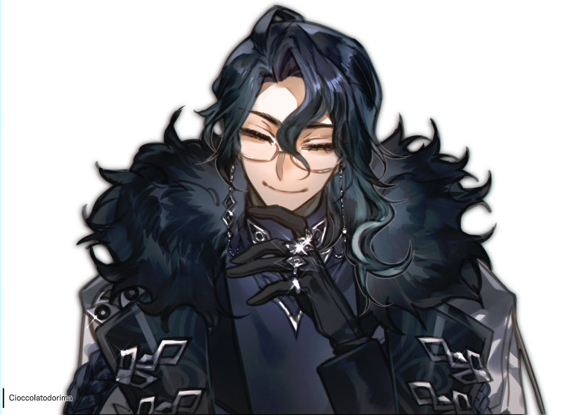 1boy artist_name black_gloves black_hair blue_shirt cioccolatodorima closed_eyes coat coat_on_shoulders commentary curtained_hair english_commentary eyewear_strap facing_viewer fur-trimmed_coat fur_trim genshin_impact glasses gloves hair_between_eyes hair_over_shoulder hand_on_own_chin jewelry long_hair male_focus multiple_rings pantalone_(genshin_impact) ring shirt simple_background smile solo turtleneck upper_body wavy_hair white_background white_coat