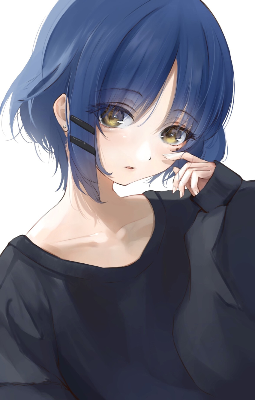 1girl blue_hair bocchi_the_rock! earrings eyebrows_hidden_by_hair hair_ornament hairpin highres jewelry long_sleeves looking_at_viewer mole mole_under_eye short_hair solo upper_body user_kehf3783 yamada_ryou yellow_eyes