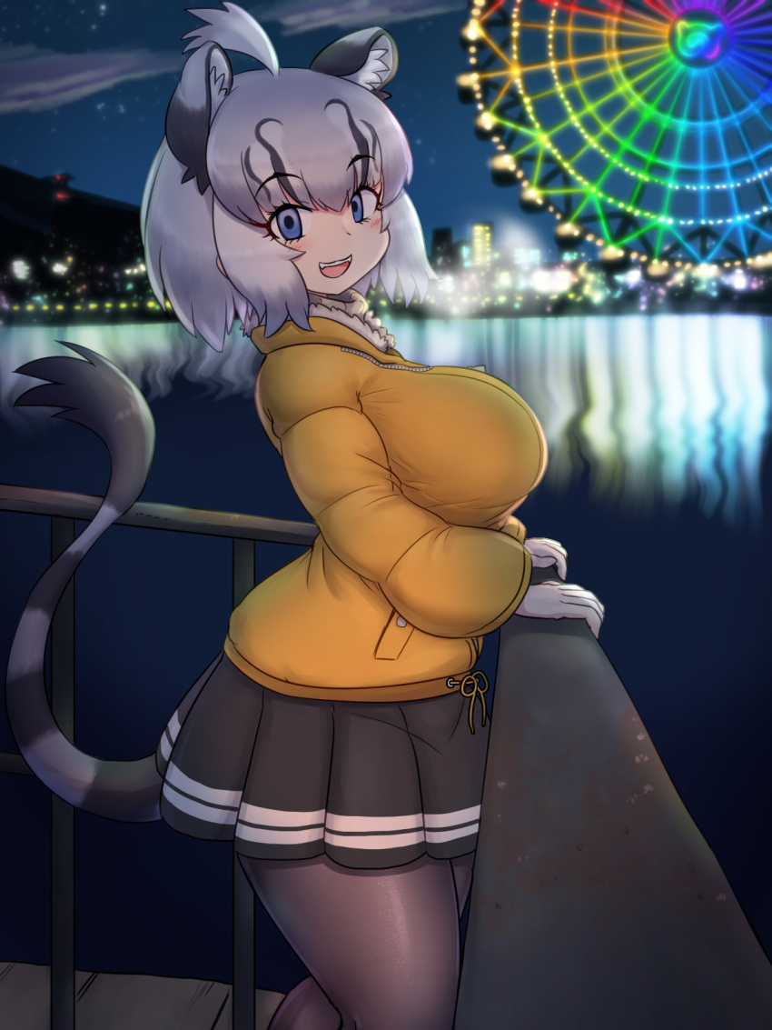1girl alternate_costume animal_ear_fluff animal_ears bangs blue_eyes breasts cave_lion_(kemono_friends) city_lights cityscape empty_eyes ferris_wheel grey_hair hand_rest highres kemono_friends large_breasts lion_ears lion_girl lion_tail long_sleeves looking_at_viewer medium_hair miniskirt mo23 multicolored_hair night open_mouth outdoors pantyhose railing reflection reflective_water skirt smile solo tail water