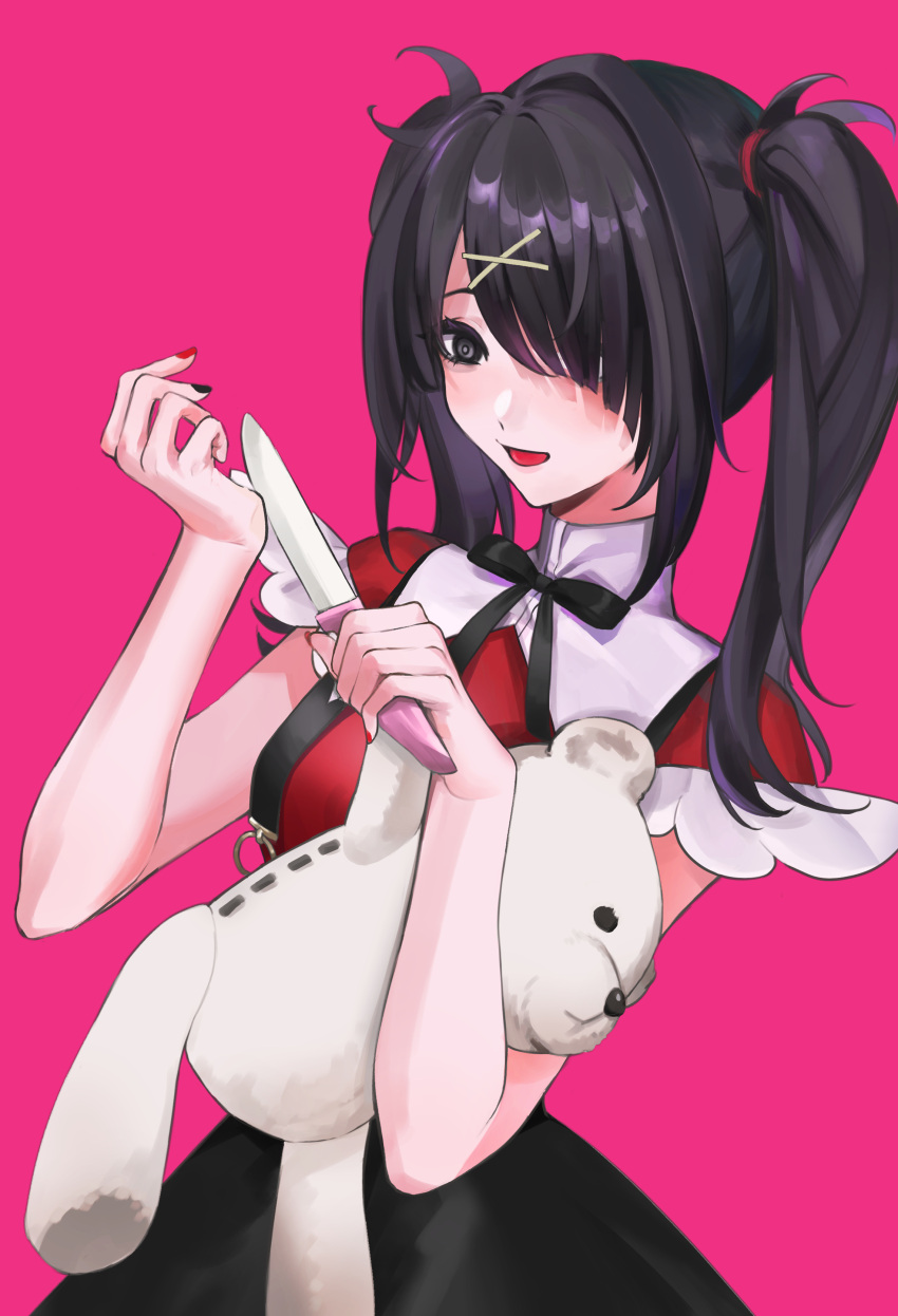 1girl absurdres ame-chan_(needy_girl_overdose) bangs black_eyes black_hair black_nails black_ribbon black_skirt collar collared_shirt hair_ornament hair_over_one_eye hair_tie hairclip highres holding holding_knife jirai_kei knife long_hair multicolored_nails neck_ribbon needy_girl_overdose open_mouth pink_background red_nails red_shirt ribbon shirt shirt_tucked_in simple_background skirt solo standing stuffed_animal stuffed_toy suspender_skirt suspenders teddy_bear twintails white_collar x_hair_ornament zhanghaozenmemeile