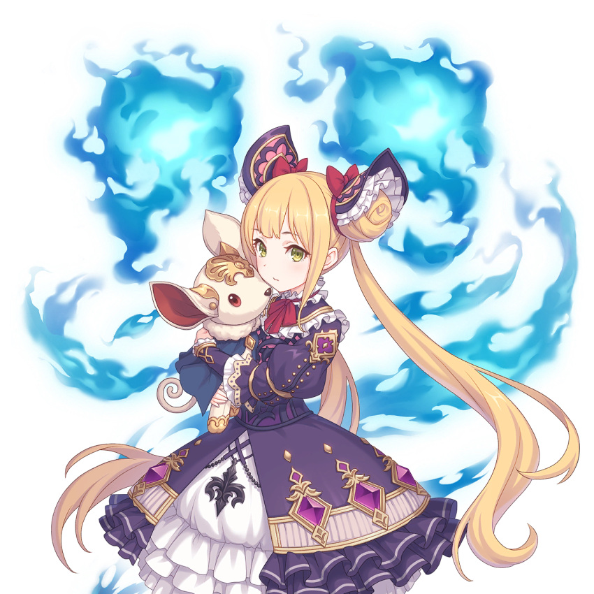 animal blonde_hair blue_fire dress european_clothes fire green_eyes highres holding holding_animal long_hair looking_at_viewer luna_(shadowverse) magic official_art pet princess_connect! shadowverse tachi-e transparent_background twintails