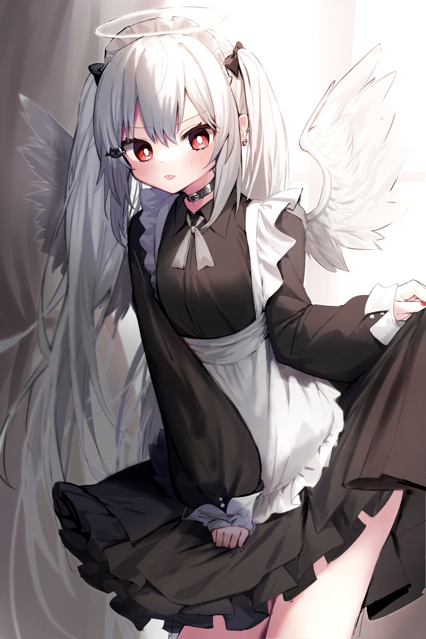 1girl absurdres angel angel_wings apron bangs black_bow black_dress blush bow breasts closed_mouth collared_dress commentary_request daifukumochi_(akaaokiiwo) dress ear_piercing feathered_wings frilled_apron frilled_dress frills hair_between_eyes hair_bow hair_ornament halo highres long_sleeves looking_at_viewer maid maid_headdress nail_polish original piercing puffy_long_sleeves puffy_sleeves red_eyes red_nails skirt_hold sleeves_past_wrists small_breasts solo tongue tongue_out twintails white_apron white_hair white_wings wings