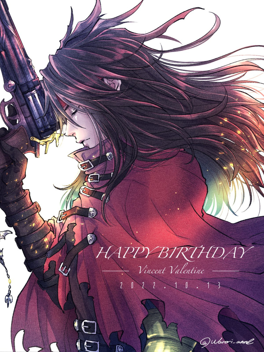 1boy black_gloves black_hair character_name cloak closed_eyes dated facing_to_the_side final_fantasy final_fantasy_vii gloves gun hair_between_eyes happy_birthday headband highres holding holding_gun holding_weapon long_hair male_focus profile red_cloak red_headband solo torn_clothes twitter_username upper_body vincent_valentine warori_anne weapon white_background