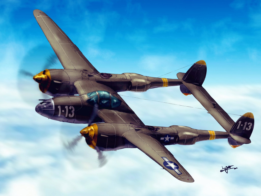 above_clouds aircraft airplane artist_name blue_sky clouds cloudy_sky commentary_request day flying highres luger_oni-jun'i military motion_blur original outdoors p-38_lightning roundel signature sky vehicle_focus world_war_ii
